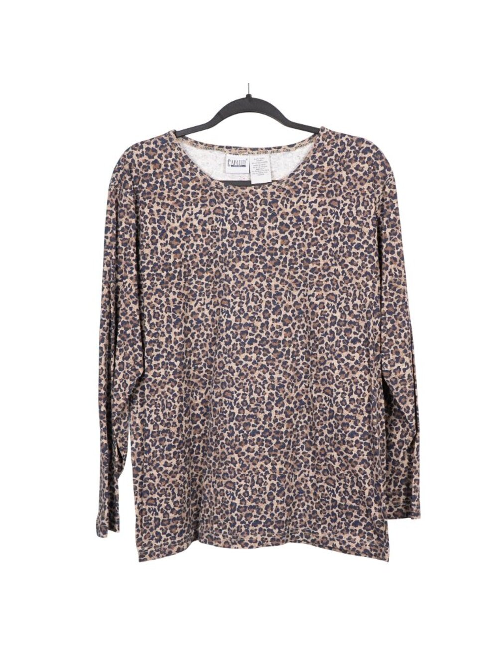Leopard Print Y2K Shirt L Petite PL Womens Brown Blue Long Sleeve Cotton 90s Top